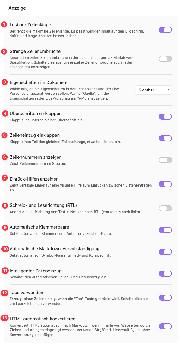 Obsidian Anzeigeoptionen